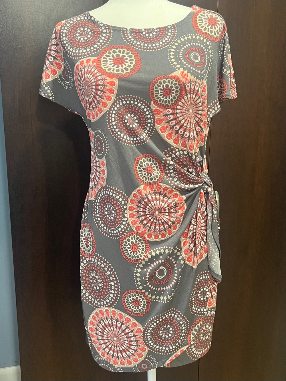 Gray and Coral Print Side-Tie Women’s Dress Petite Small never worn